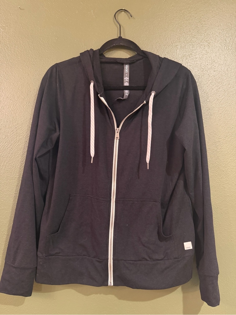 Vuori Black Zip-Up Hoodie with White Drawstrings